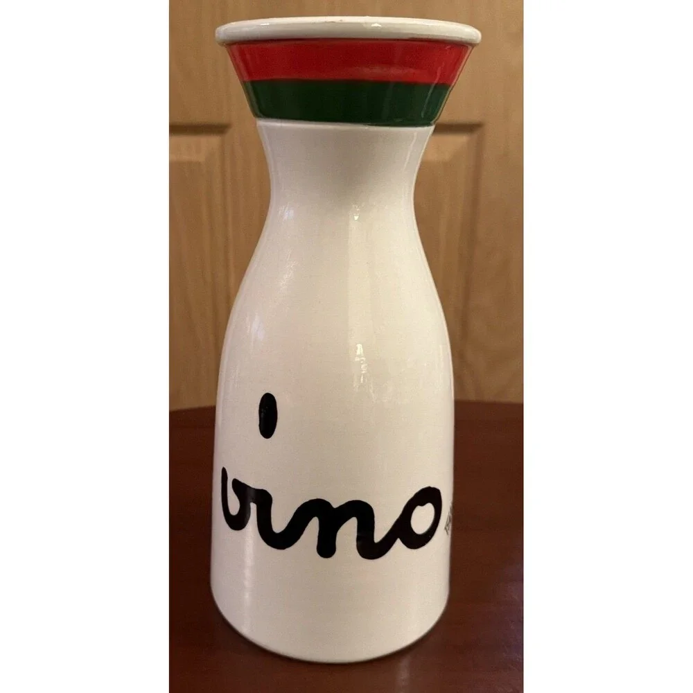 VTG Baldelli Ceramic Pitcher Carafe Vino White Red Green Stripe Wine. Italy. 10”